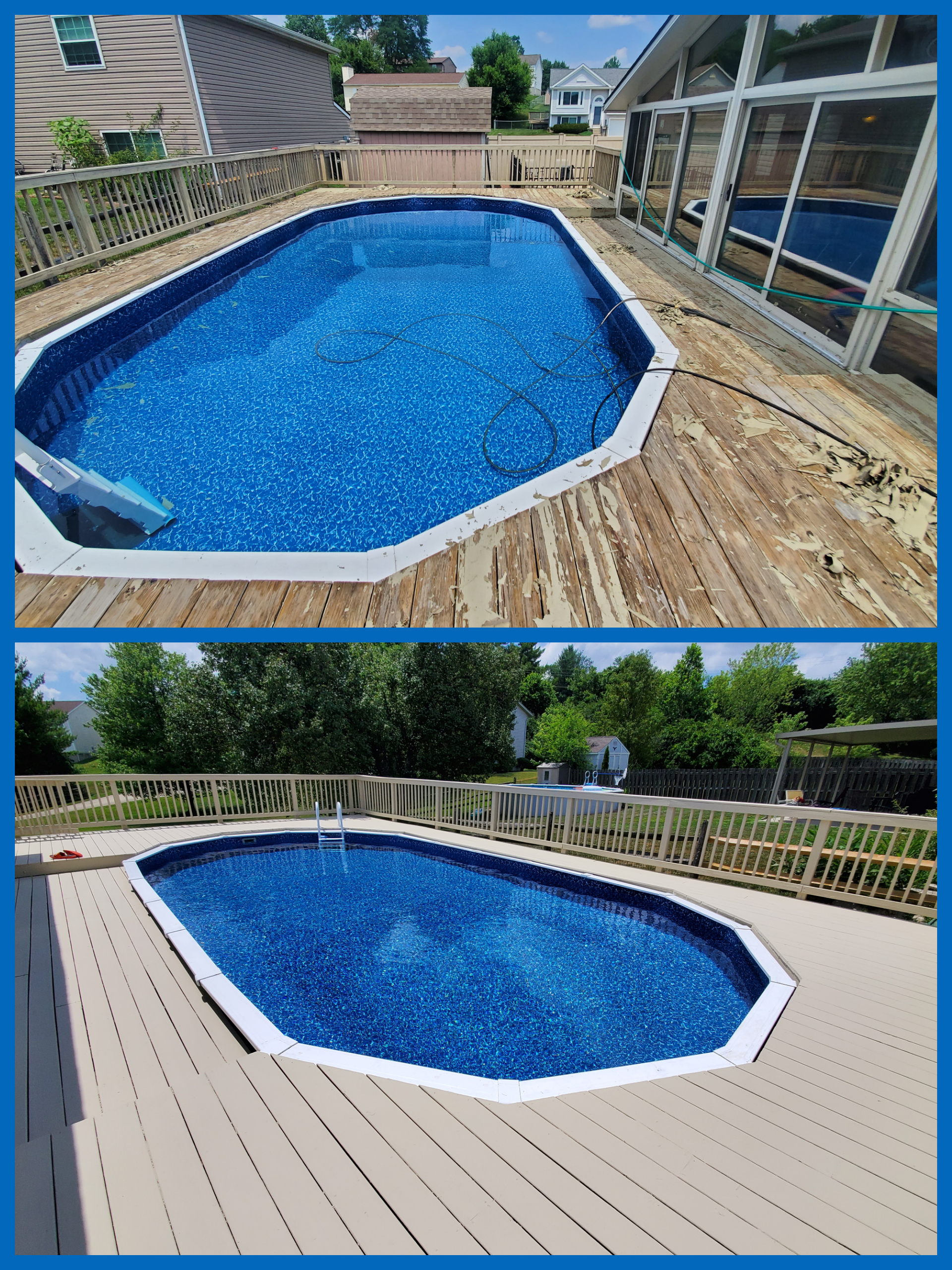 pool deck in Cincinnati ohio with peeling deck paint picture shows before and after being painted with kong Armor thick deck resurface paint
