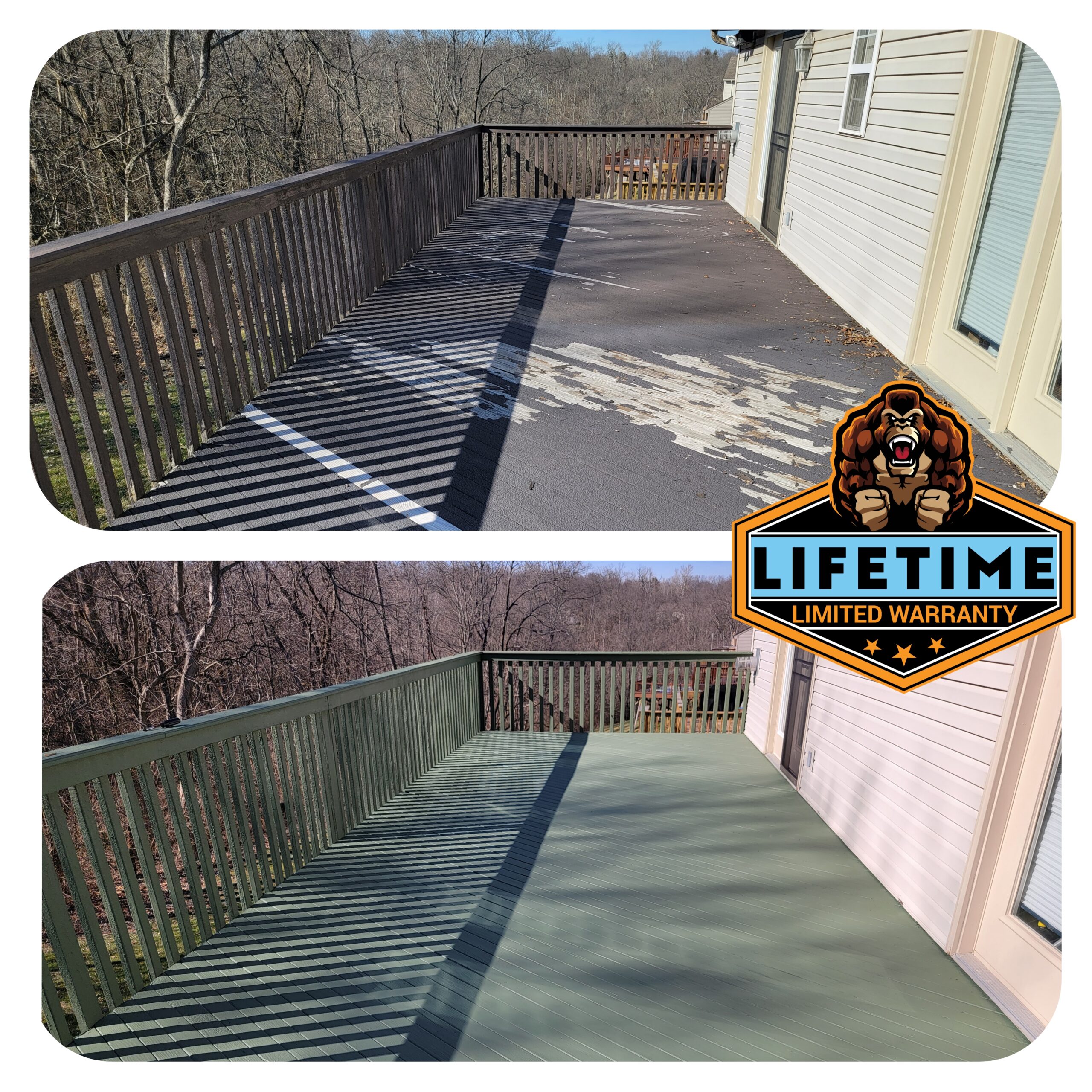picture demonstrates before and after of a deck armor painting project by Kong Armor in Hebron KY to lockdown peeling deck paint