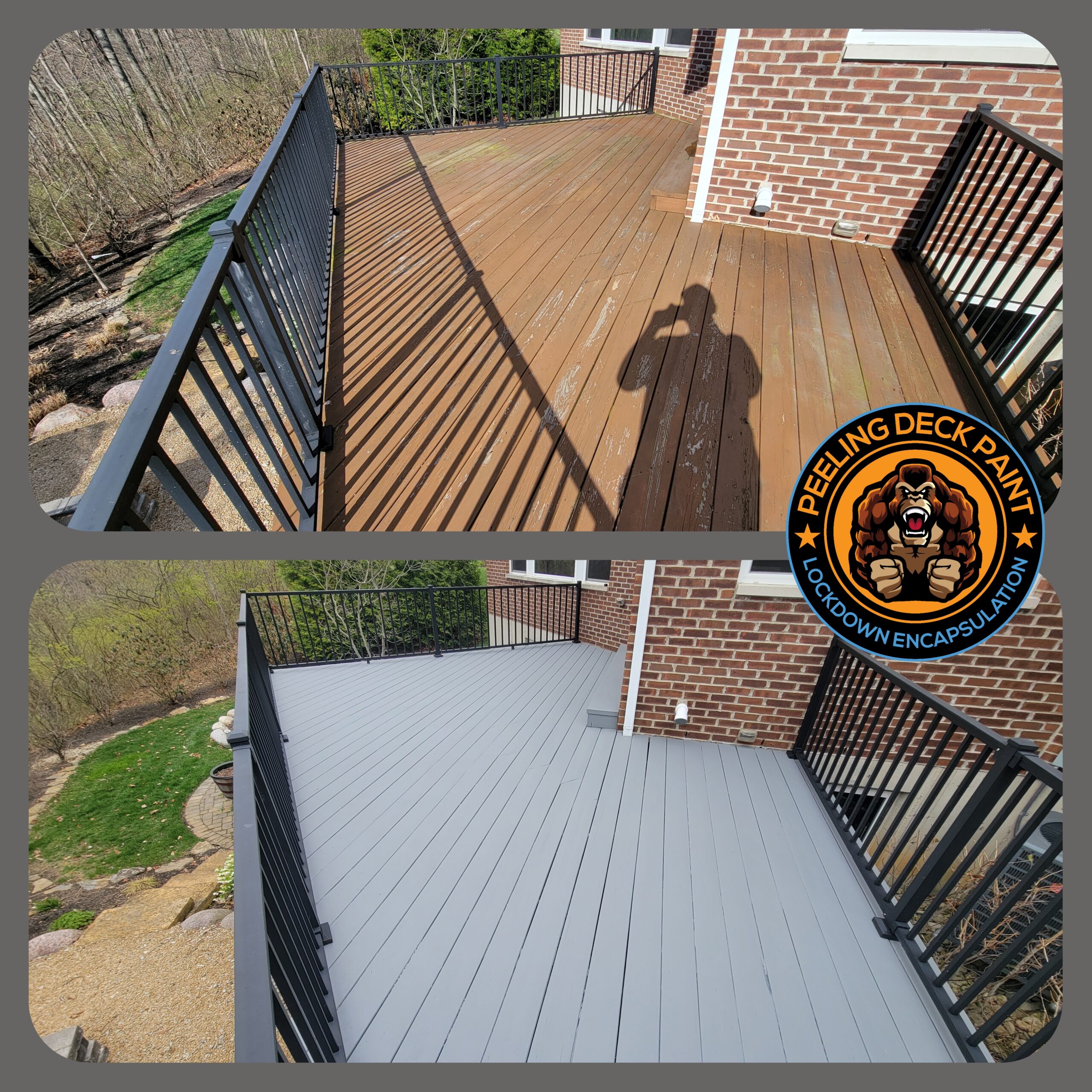 Northern Kentucky deck with peeling deck paint is encapsulated and locked down by Kong Armor and its deck restoration painters