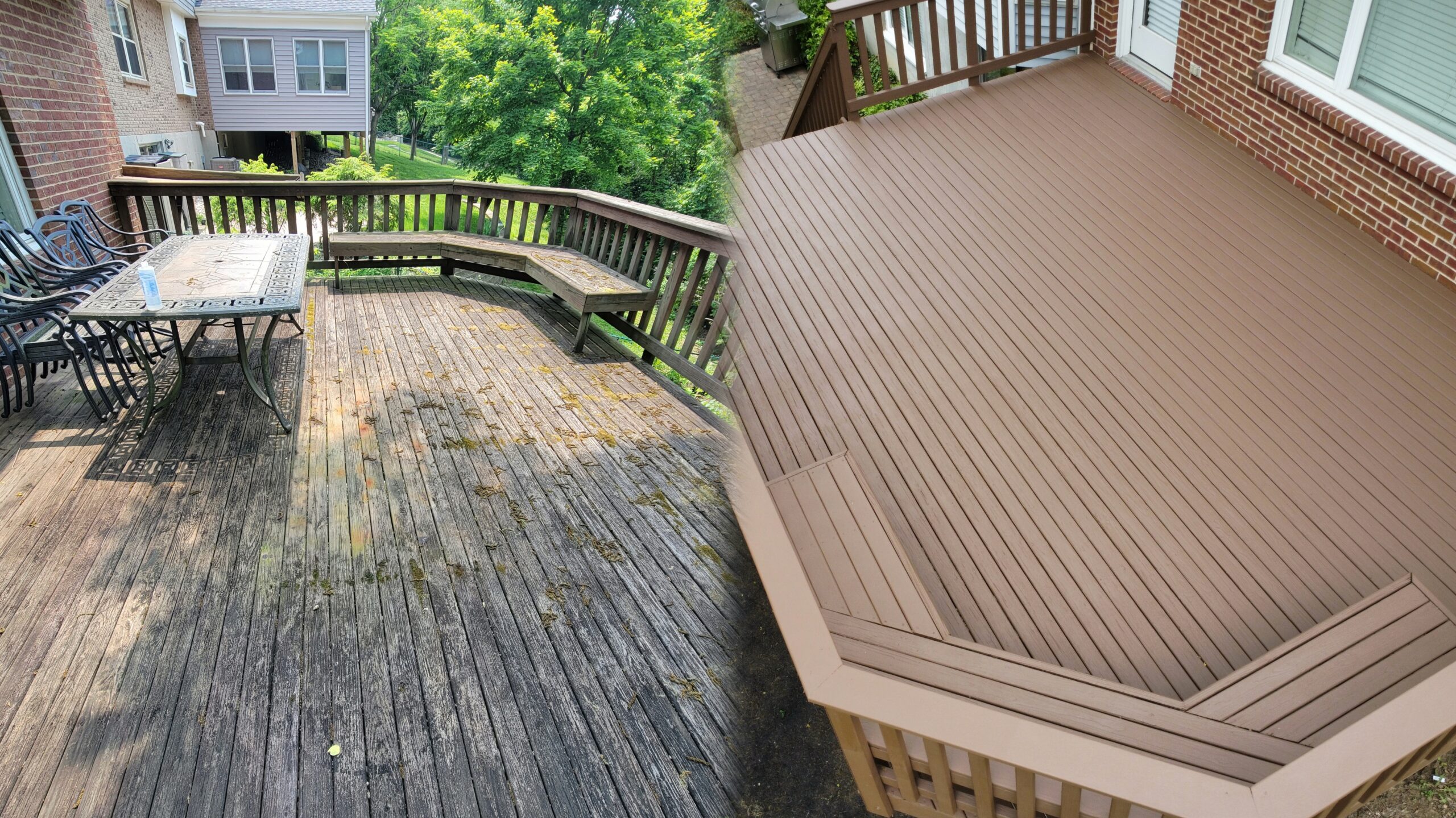 image shows before and after of a dilapidated deck to fully restored and beautifully coated in a high-build thick gorgeous deck coating by deck painters Kong Armor