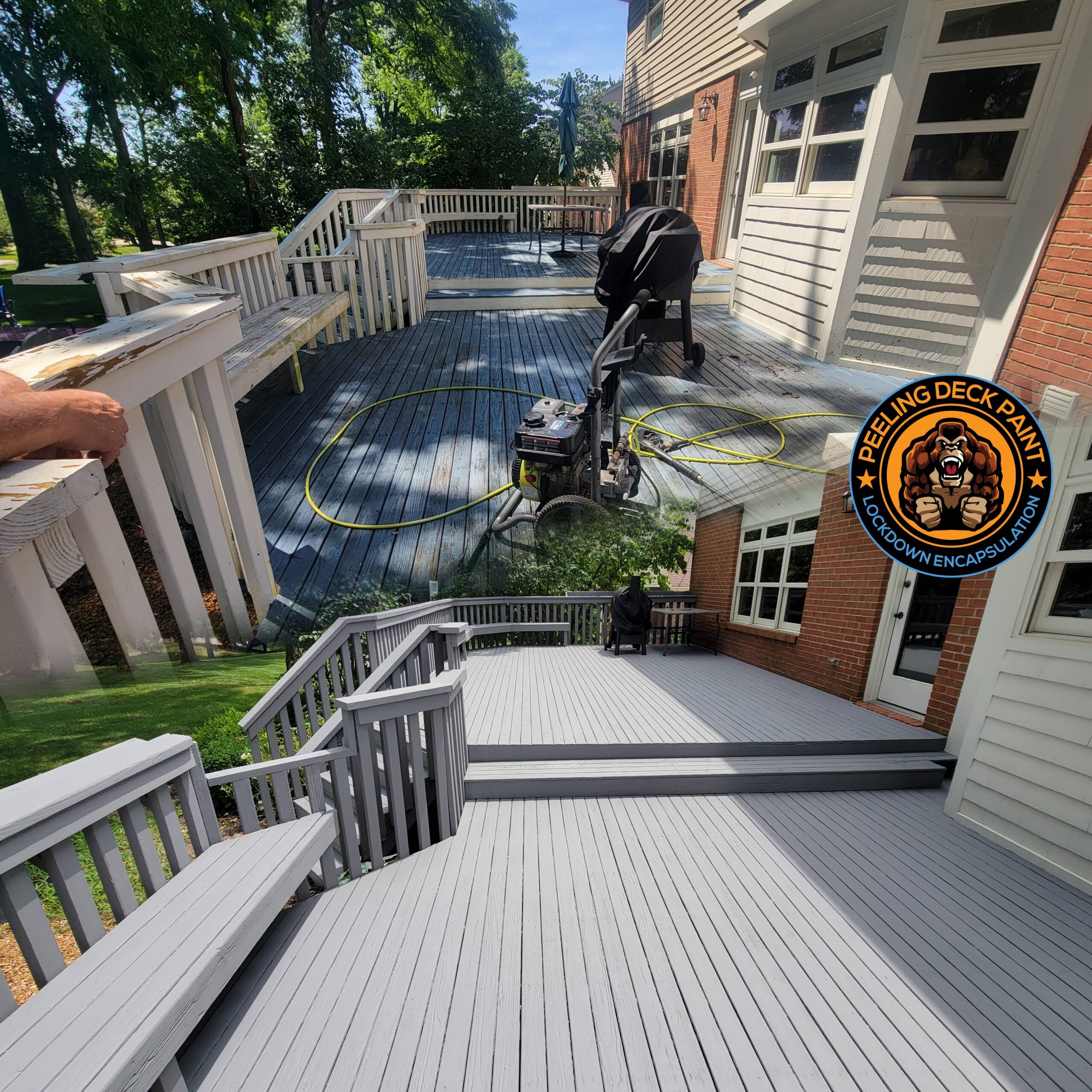 before and after image of a backyard deck in Union Kentucky. Before it had peeling deck paint and was ugly. After it is supremely protected and drop dead gorgeous thanks to the worlds toughest deck armor - Kong Armor™ and its deck rescue painters who performed peeling deck paint lockdown encapsulation on the structure