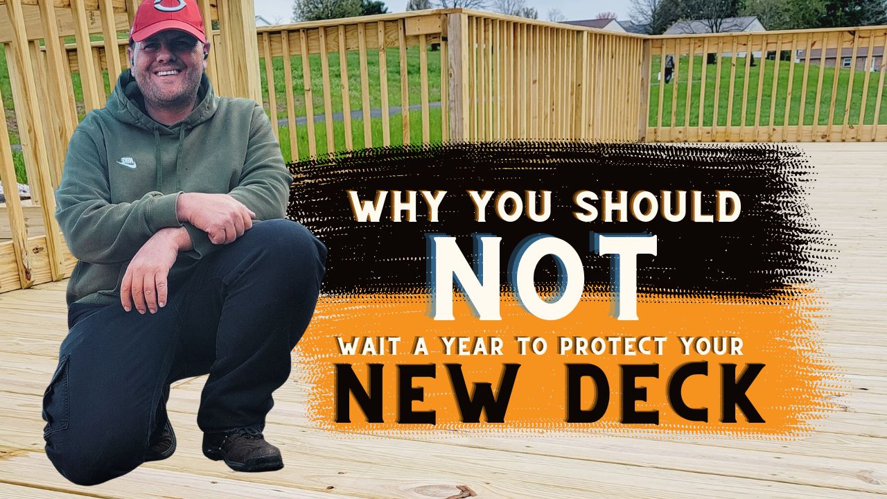 Thumbnail Picture for video "Why you should not wait a year to protect your new deck" the image shows Kong Armor ™ Proprietor Anthony Ford kneeling on a new unprotected Deck with the title of the video across the image