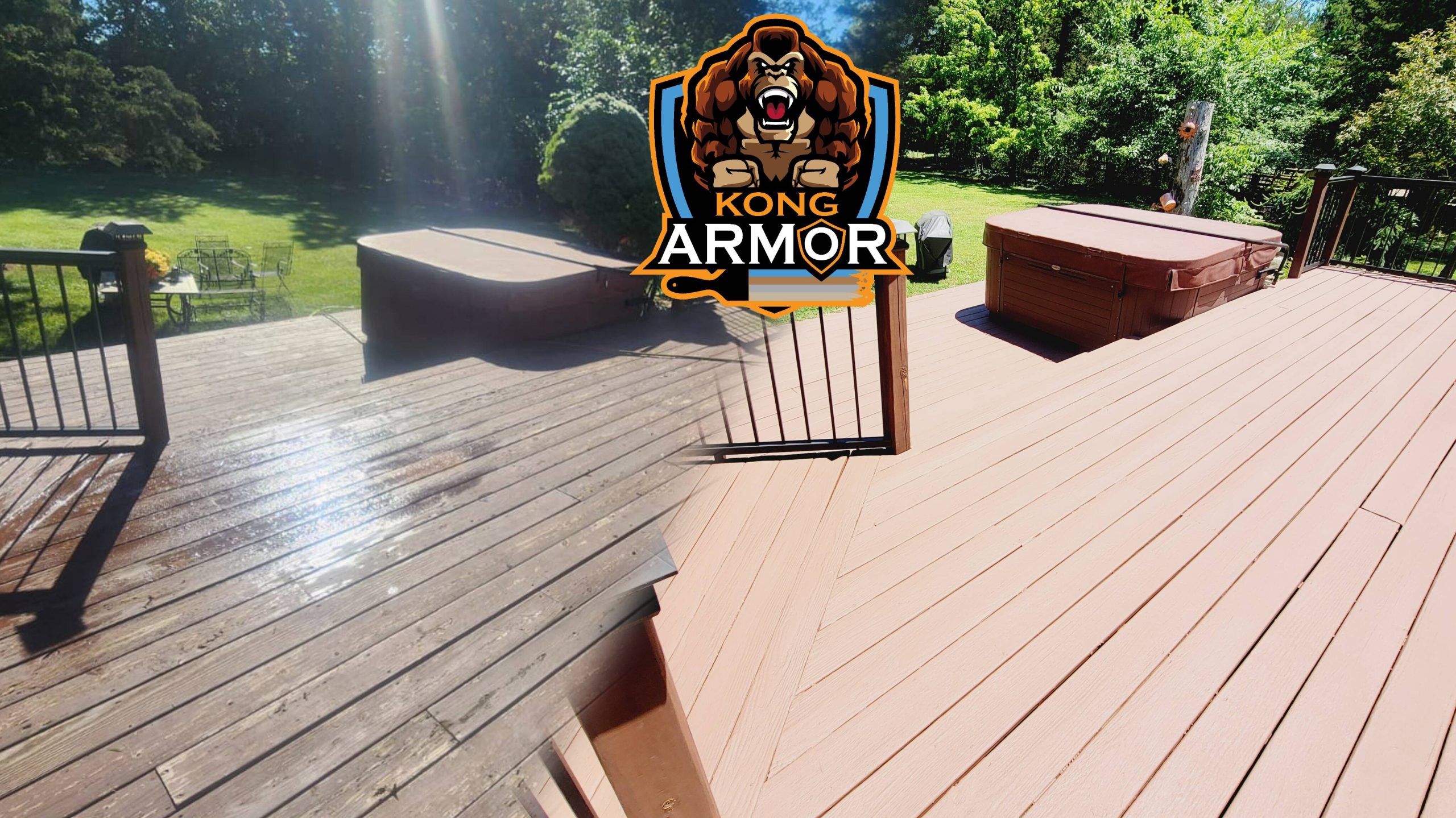 image displays a before and after of a deck that previously had peeling flaking stain in dark brown and it was dirty pictured on the left, afterwards its all cleaned up and has afresh new surface and a beautiful bright brown coating that seems to have encapsualted the old one pictured one the left.