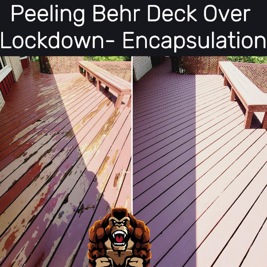 image shows a deck with peeling behr deck over before and after its been beautifully resurfaced and encapsualted in a thickbuild industrial elastomer called Kong Armor